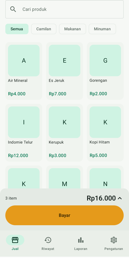 Layar jual Kasmart: grid produk dan keranjang