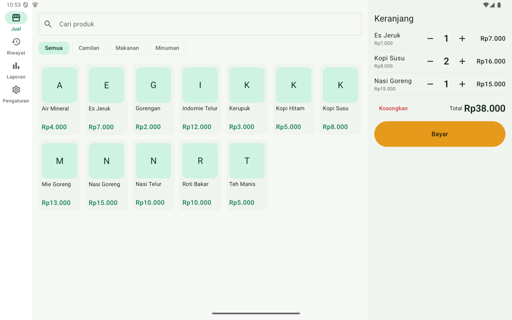 Kasmart di tablet: grid produk dengan panel keranjang